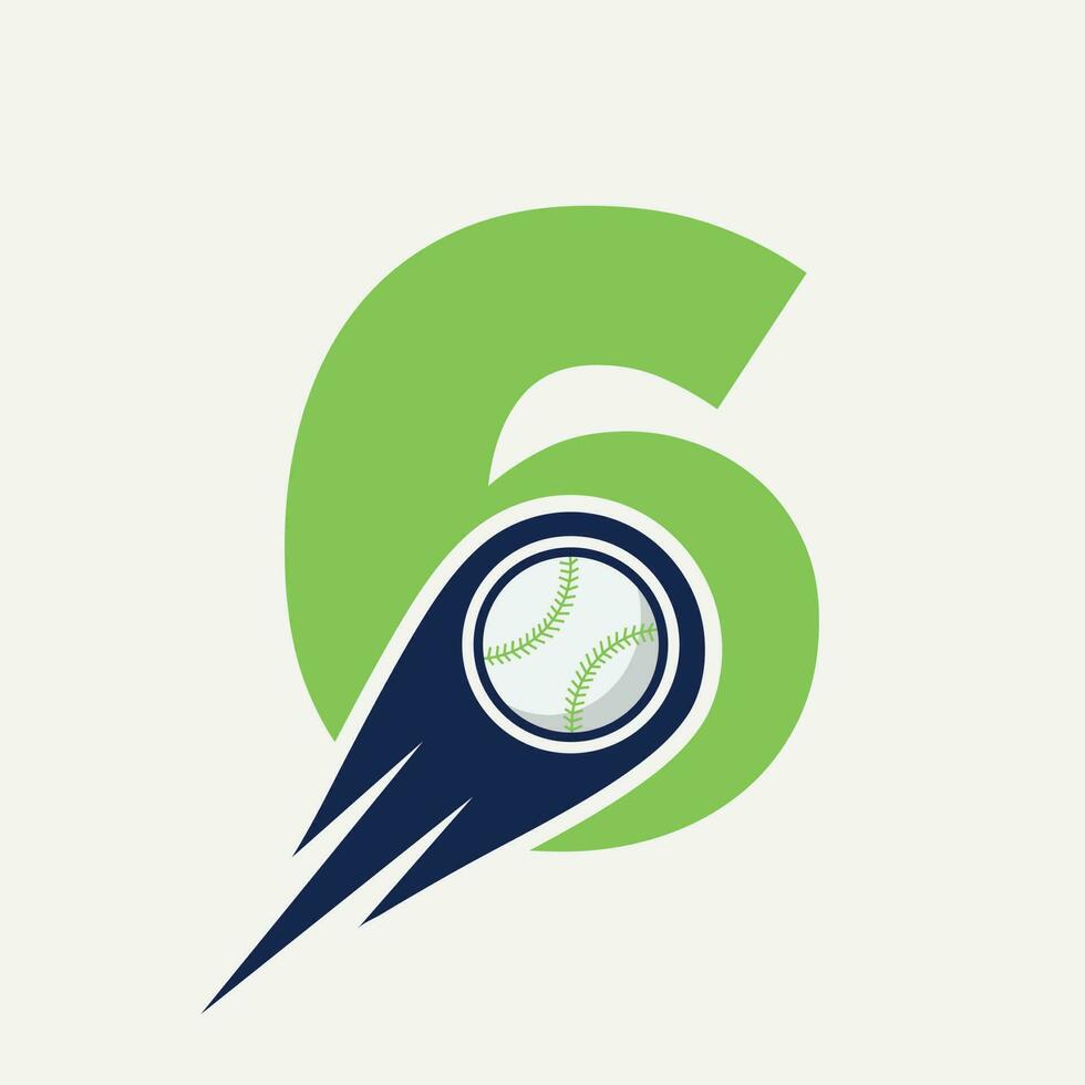 conceito de logotipo de beisebol carta 6 com modelo de vetor de ícone de beisebol em movimento