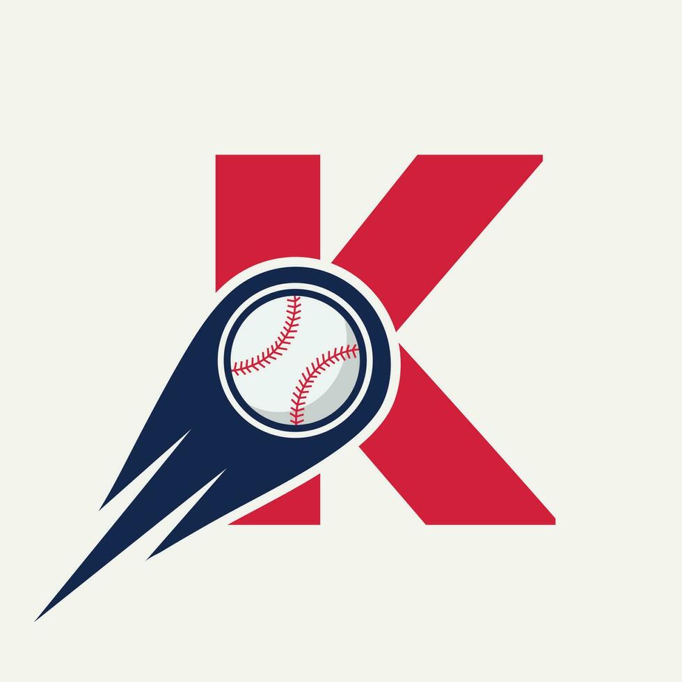 conceito de logotipo de beisebol letra k com modelo de vetor de ícone de beisebol em movimento