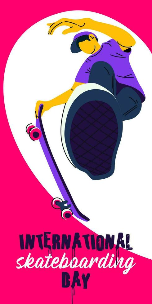 poster internacional skate dia. uma cara com uma skate executa uma saltar em uma Rosa e branco fundo. skate truques, patinação, pulando. bandeira com brilhante pessoas para a feriado, Junho 21 vetor