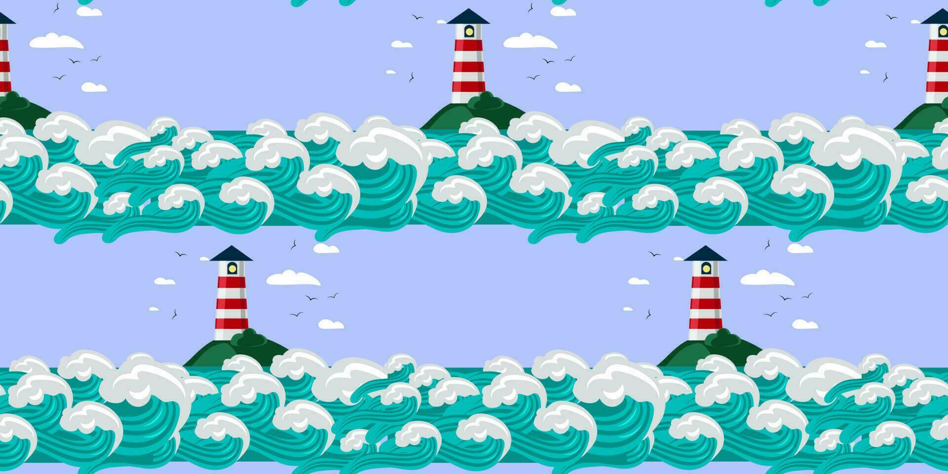 uma padronizar com faróis em a ilha cercado de ampla ondas dentro desenho animado estilo. vetor gráfico ilustração do a oceano e costa farol. desatado padronizar para impressão em têxteis e papel