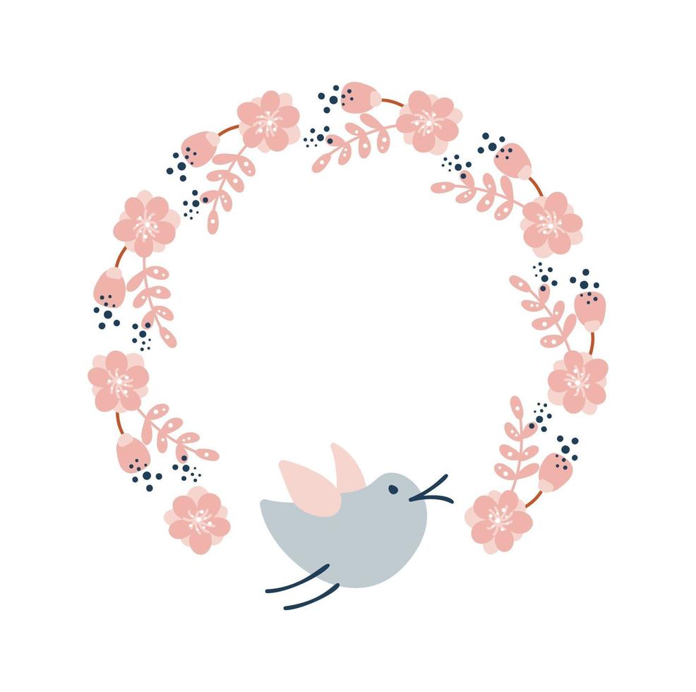 vetor colorido coroa floral circular com flores de verão e pássaro espaço central branco cópia para seu texto vetor desenhado à mão