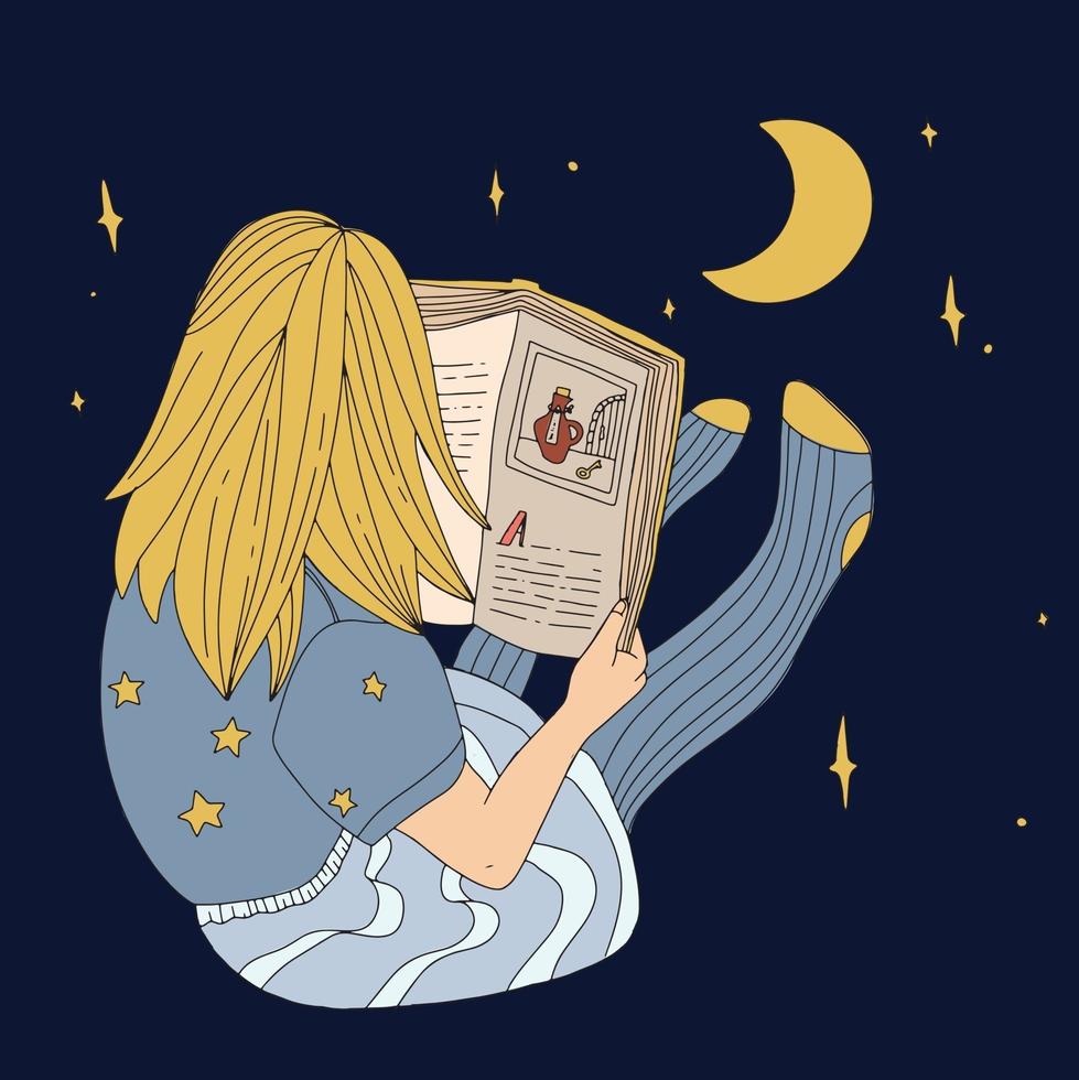 menina lendo um livro a noite vetor