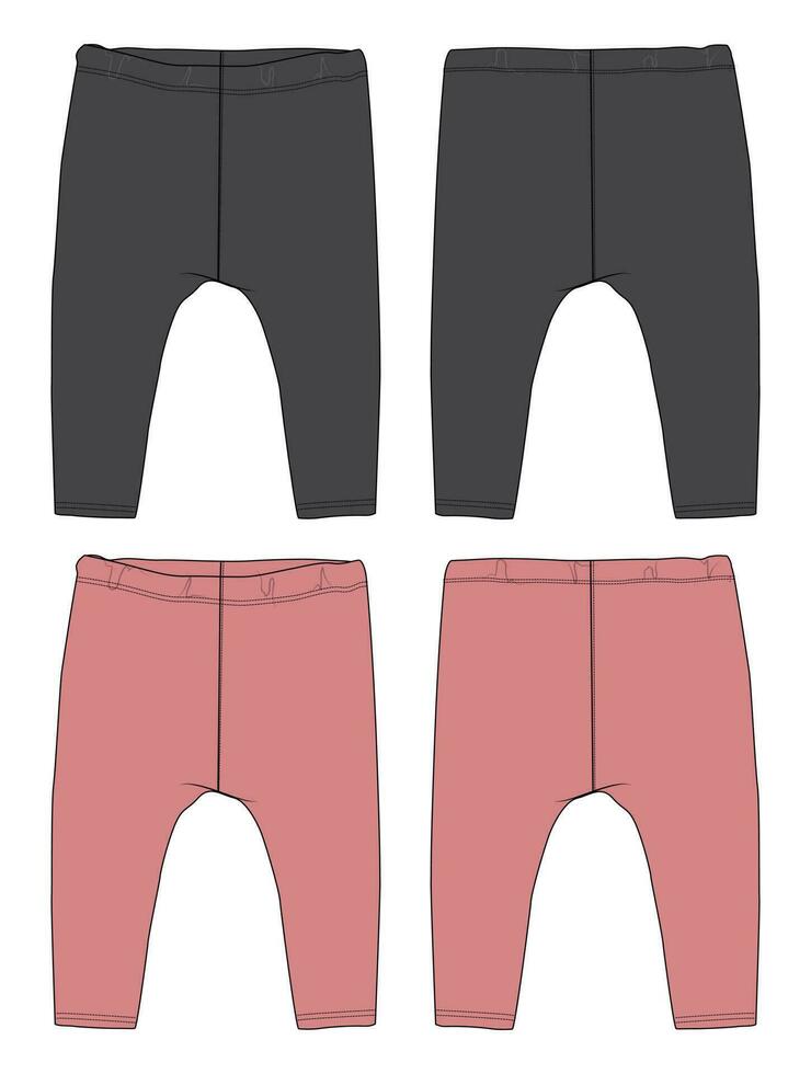 crianças perneiras calça técnico desenhando moda plano esboço vetor ilustração Preto e roxa cor modelo frente e costas Visualizações