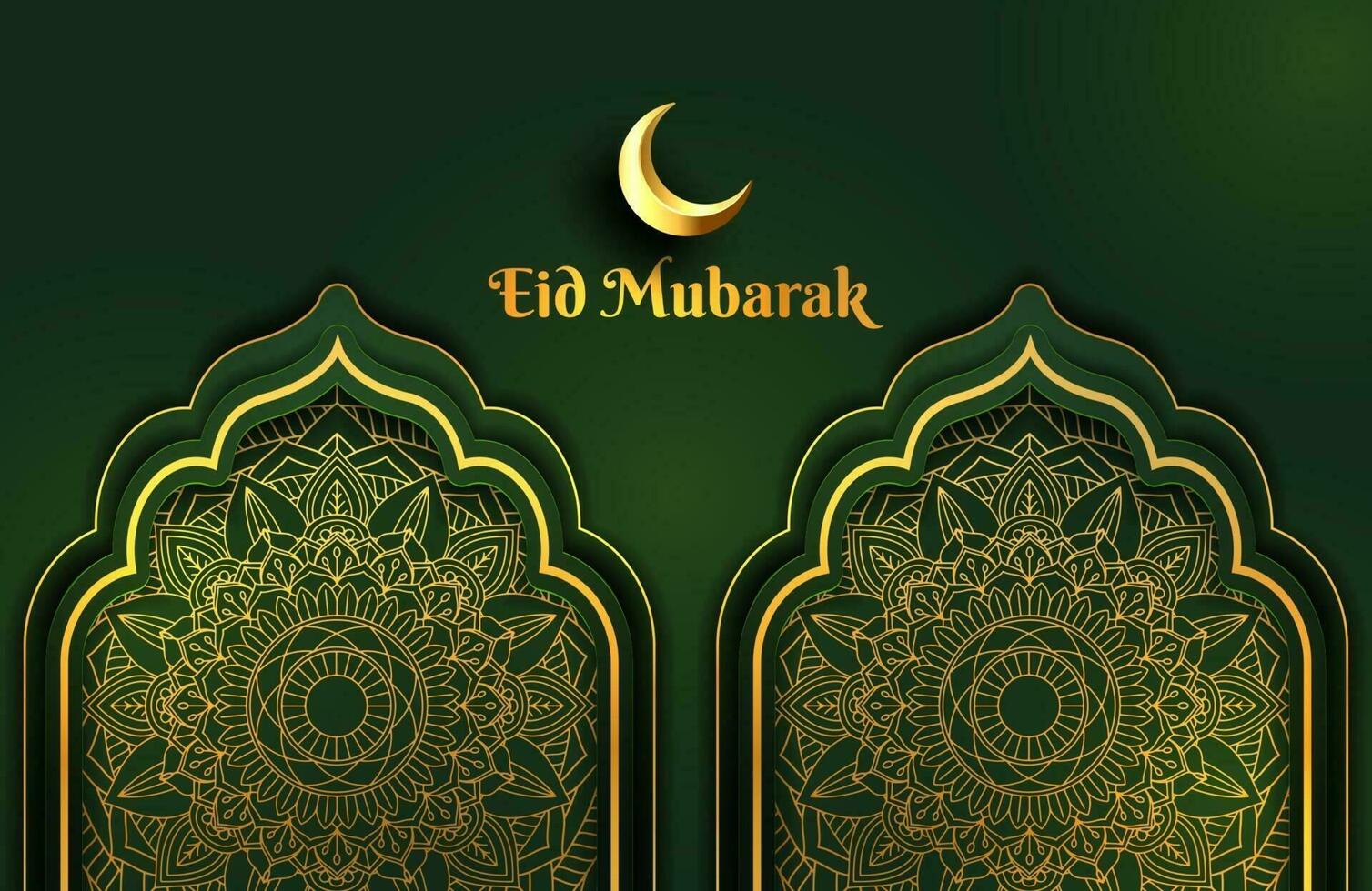 banner luxuoso de fundo verde escuro e dourado com ornamento de mandala islâmico arabescos modelo de design eid mubarak vetor