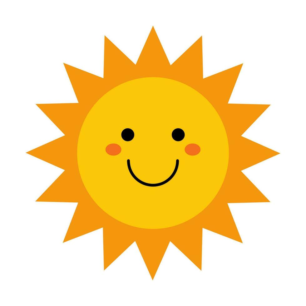 vetor fofa Sol com face. engraçado sorridente Sol dentro plano Projeto. infantil brilho do sol emoji. bebê Sol com afiado triângulo raios de sol. crianças clipart.