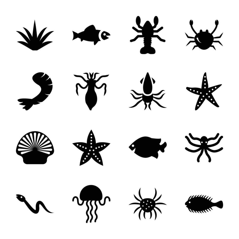 mar criaturas glifo ícones conjunto vetor