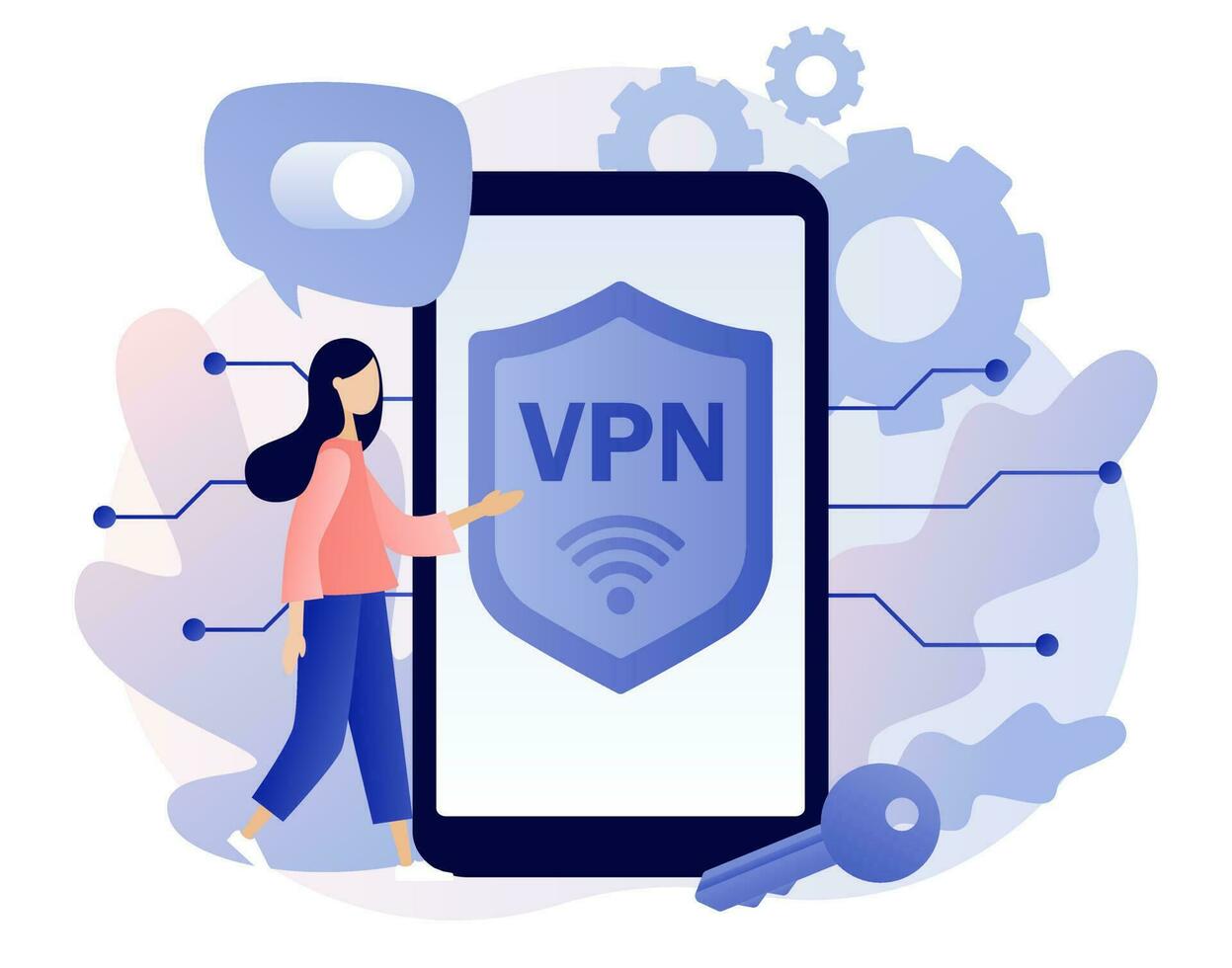 vpn serviço dentro Smartphone aplicativo. virtual privado rede conceito. cyber segurança, seguro rede tráfego, dados proteção, controlo remoto servidores. moderno plano desenho animado estilo. vetor ilustração em branco fundo