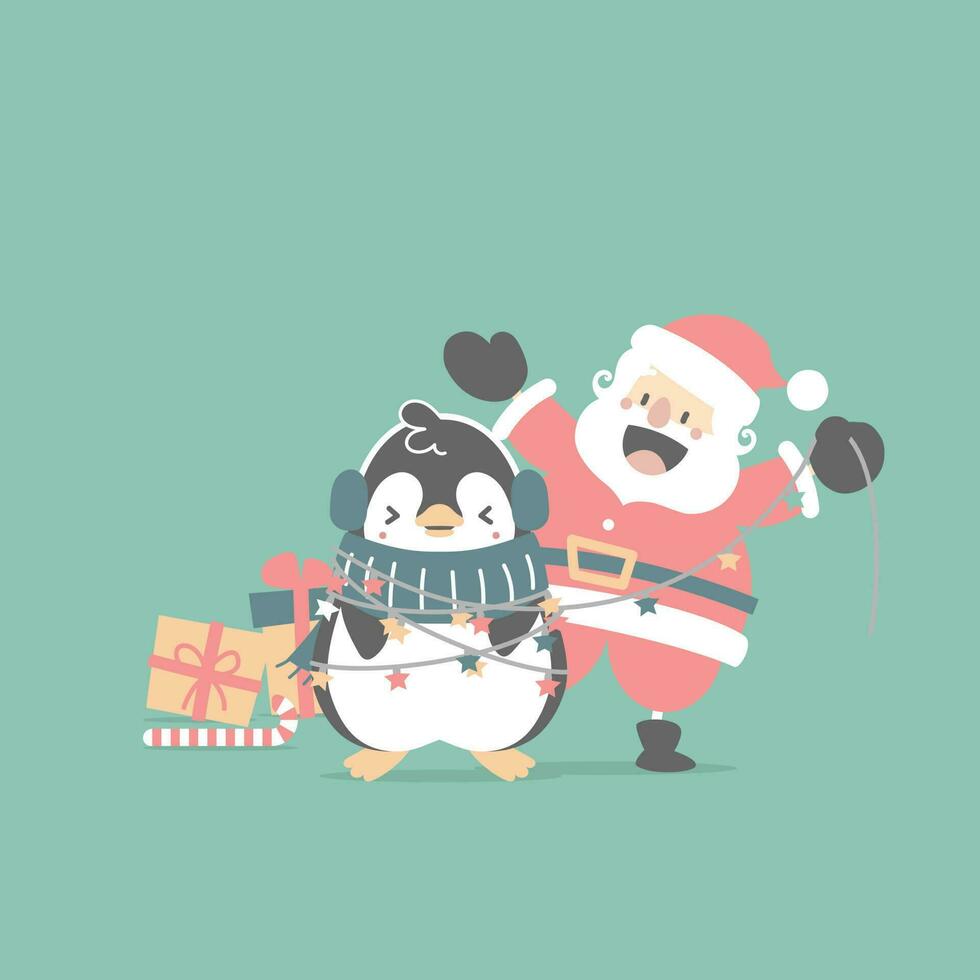 feliz natal e feliz ano novo com fofo papai noel e pinguim no fundo verde da temporada de inverno, ilustração vetorial plana design de figurino de personagem de desenho animado vetor