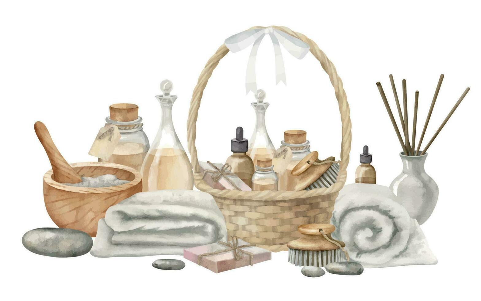 spa eco produtos e cesta do cosméticos. mão desenhado aguarela ilustração do corpo Cuidado artigos de higiene pessoal em isolado branco fundo. desenhando do pele Cuidado óleos e sabão. natural beleza banho composição vetor