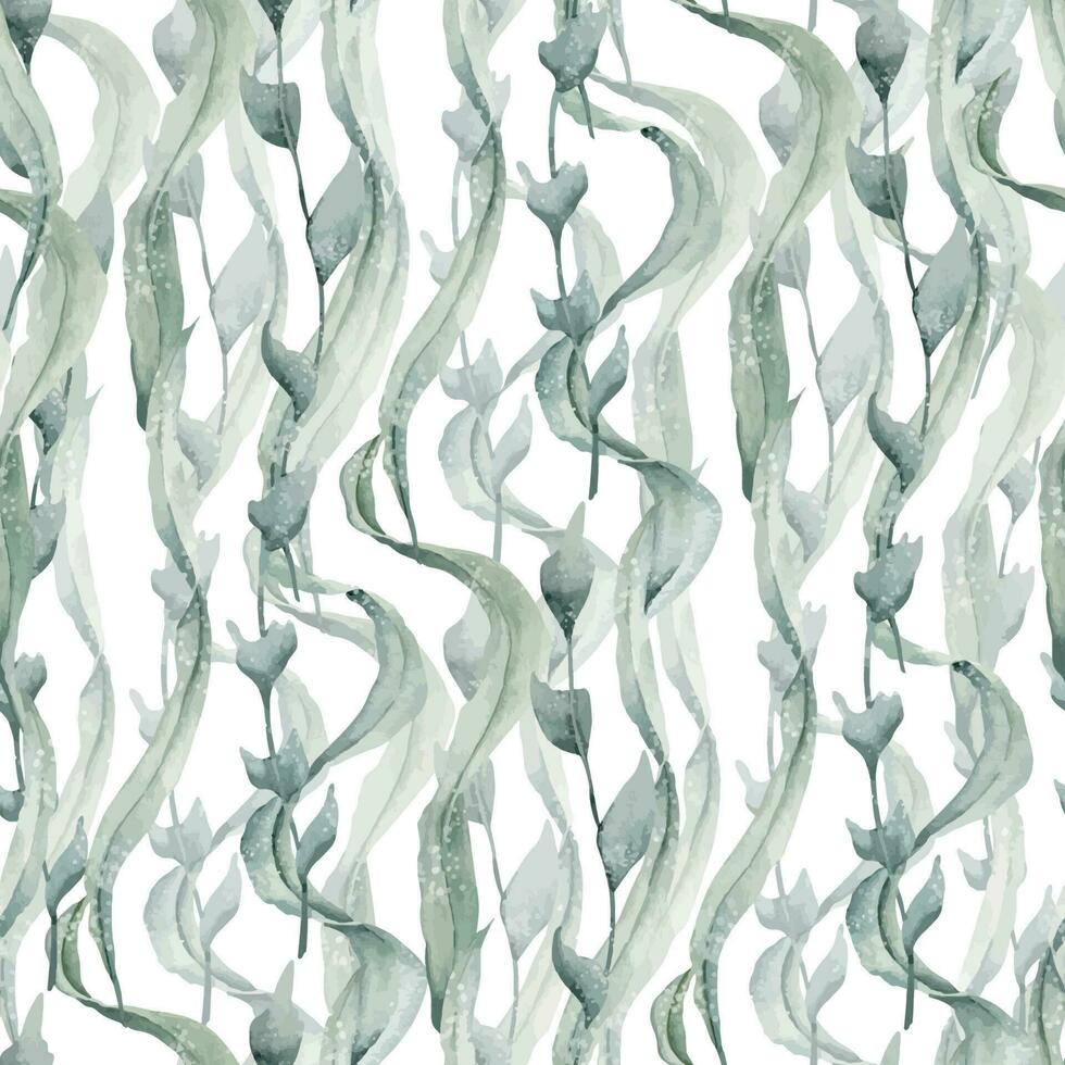 algas marinhas desatado padronizar com verde laminaria e algas. mão desenhado aguarela ilustração do embaixo da agua plantas em branco isolado fundo. enfeite para náutico invólucro papel ou têxtil Projeto vetor