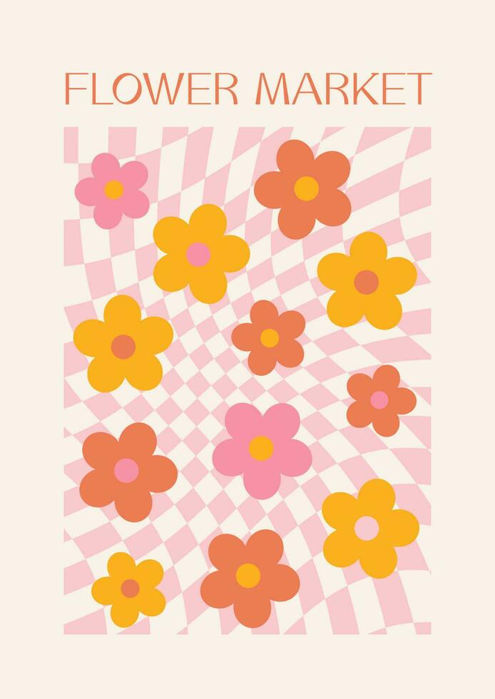 abstrato retro estético fundo com groovy margarida flores vintage floral meio século arte imprimir. hippie estilo do a anos 60, anos 70, anos 80. flor mercado. poster, inscrição em uma camiseta vetor