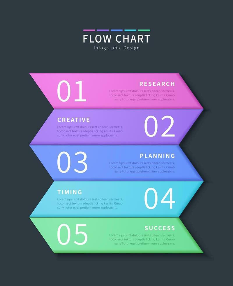 fluxo gráfico infográfico elementos em Preto fundo com cinco bandeira opções vetor