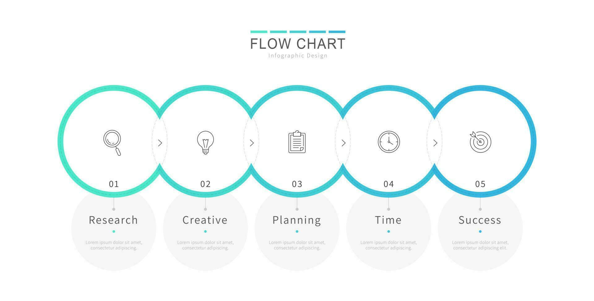 fluxo gráfico infográfico Projeto com cinco conectado círculos contendo ícones vetor