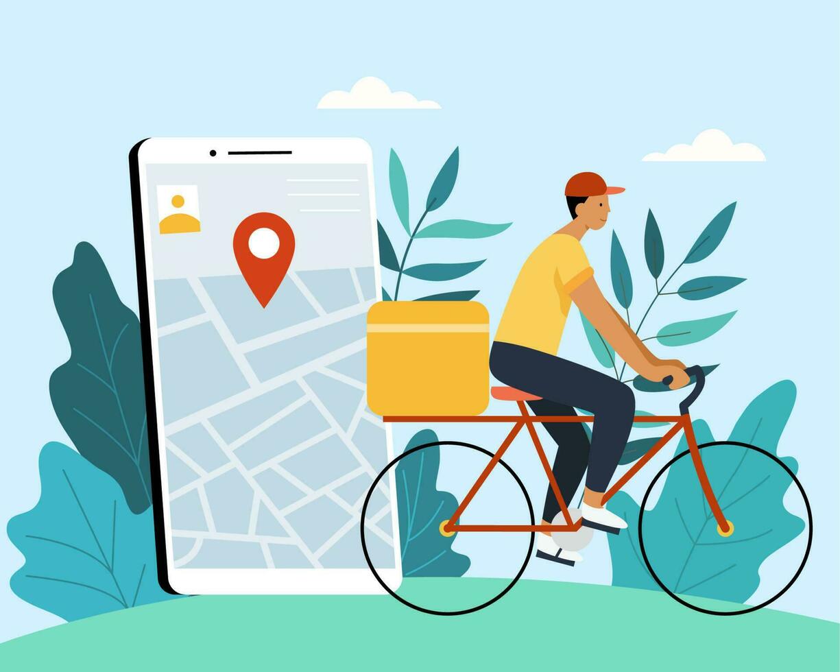 plano ilustração do rastreamento correio de GPS mapa inscrição em Móvel telefone. conceito do Comida Entrega serviço de bicicleta. vetor