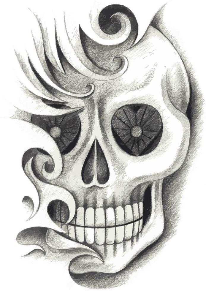surreal crânio tatuagem. mão desenhando e faço gráfico vetor. vetor