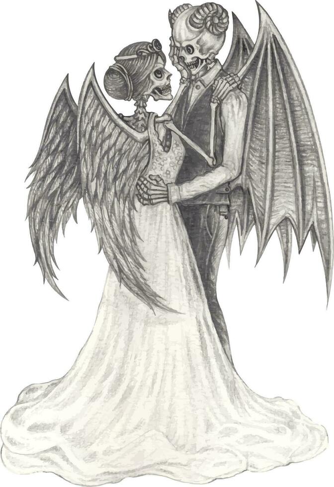 casal amor fantasia diabo e anjo crânios. mão desenhando e faço gráfico vetor. vetor
