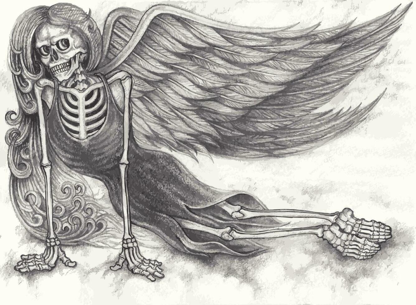 fantasia surreal anjo crânio. mão desenhando e faço gráfico vetor. vetor