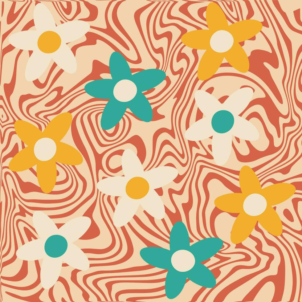 abstrato retro hipnótico ondulado fundo com groovy margarida flores hippie estilo arte anos 60, anos 70, anos 80. na moda trippy quadrado fundo. mármore líquido textura vetor