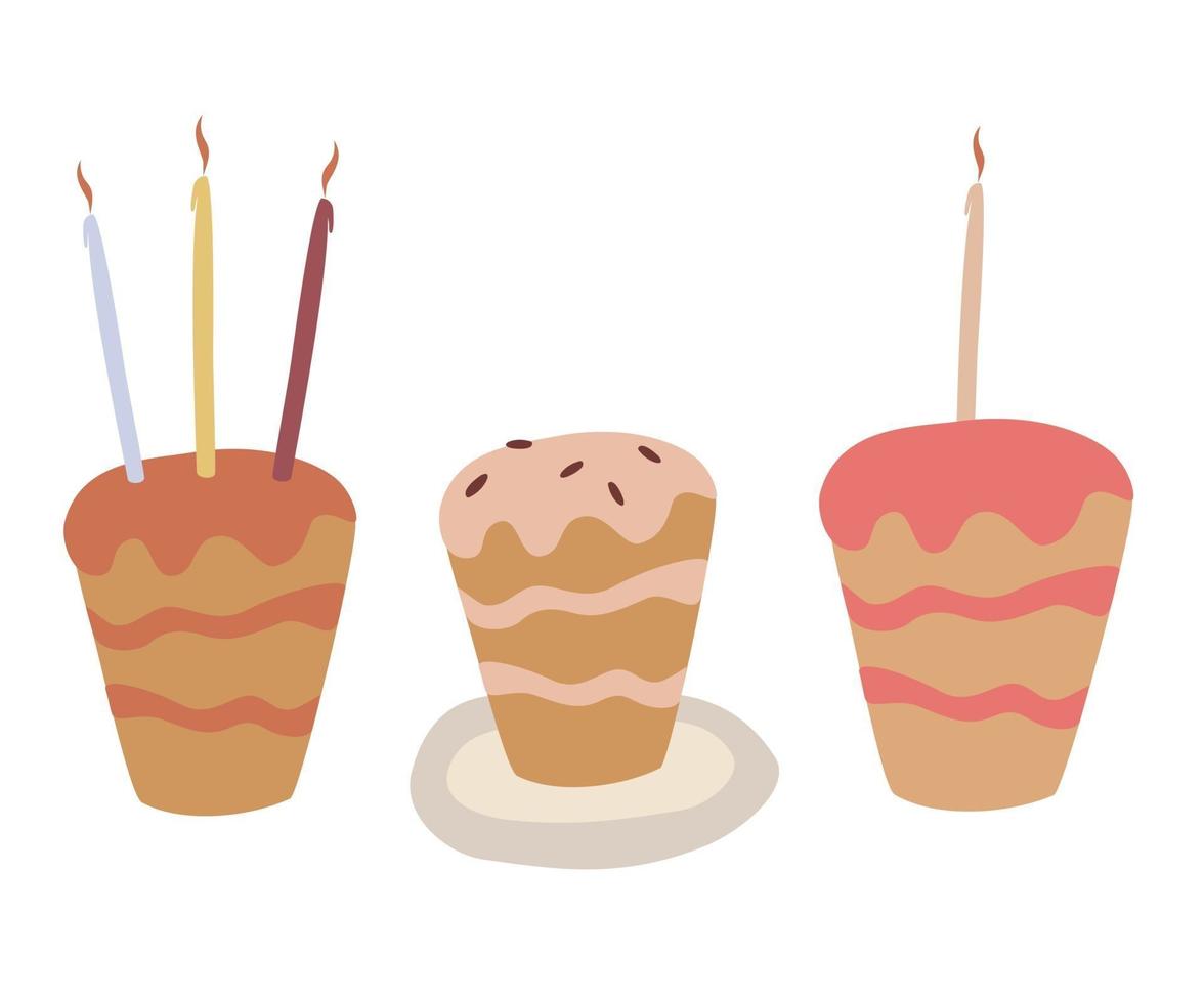 conjunto de bolos com velas. ícones de culinária de férias em um estilo simples para decoração, aniversários, casamentos, aniversários, festas infantis. vetor