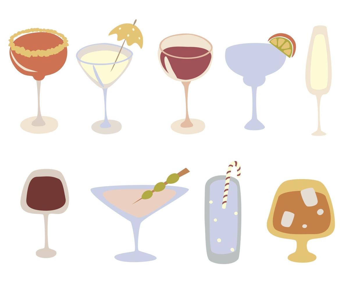 álcool bebe kit de ícone. conjunto de vetores de coquetéis de desenhos animados. bebidas e conceito de festa.