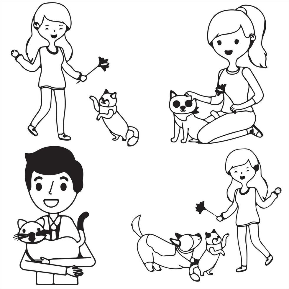 crianças com gato e cachorro vetor lineart ilustração.