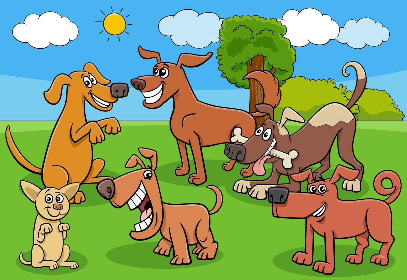 desenho animado cachorros e filhotes personagens grupo dentro a Prado vetor