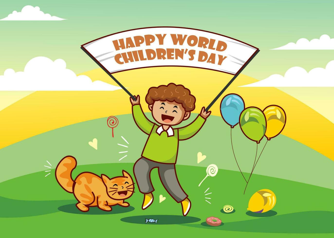 mundo crianças dia poster, crianças dia bandeira, pequeno Garoto personagem, desenho animado Garoto jogando com gato acenando crianças dia bandeira, desenho animado fundo vetor