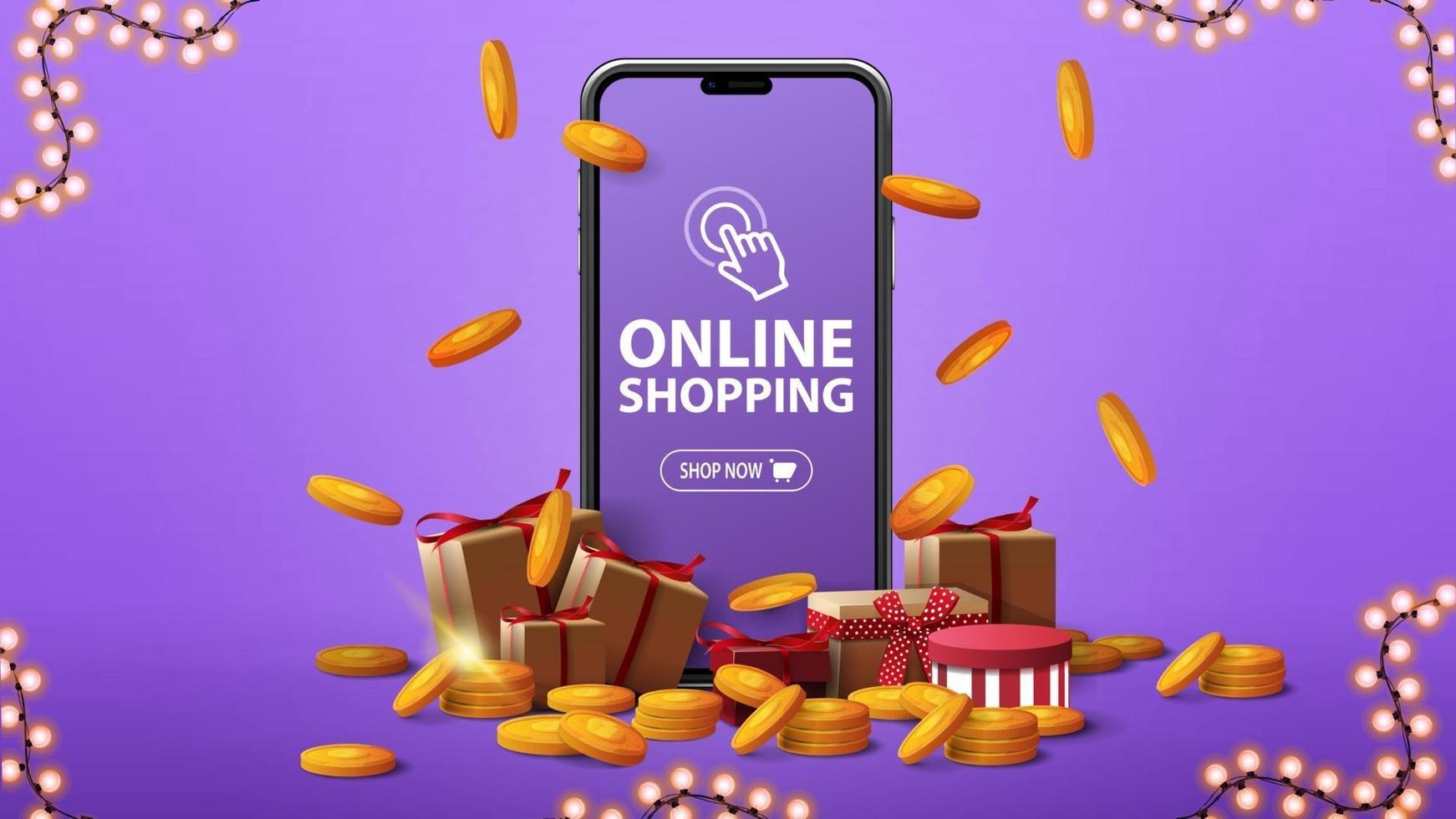 banner roxo de compras online com um grande smartphone com caixas de presentes, moedas de ouro ao redor e moedas de ouro caindo do topo vetor