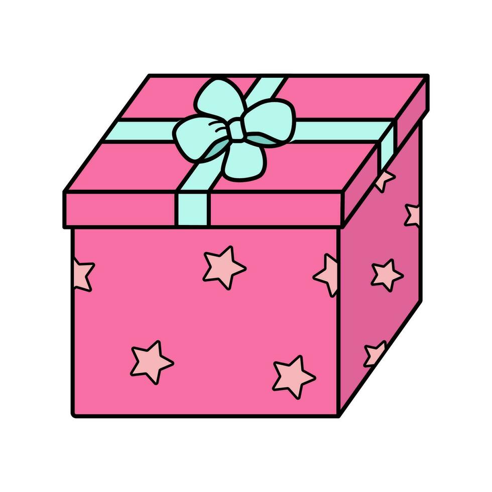 caixa de presente com arco. ilustração em vetor de ícone colorido de um presente festivo em um pacote. isolado no branco, caixa em papel de embrulho.
