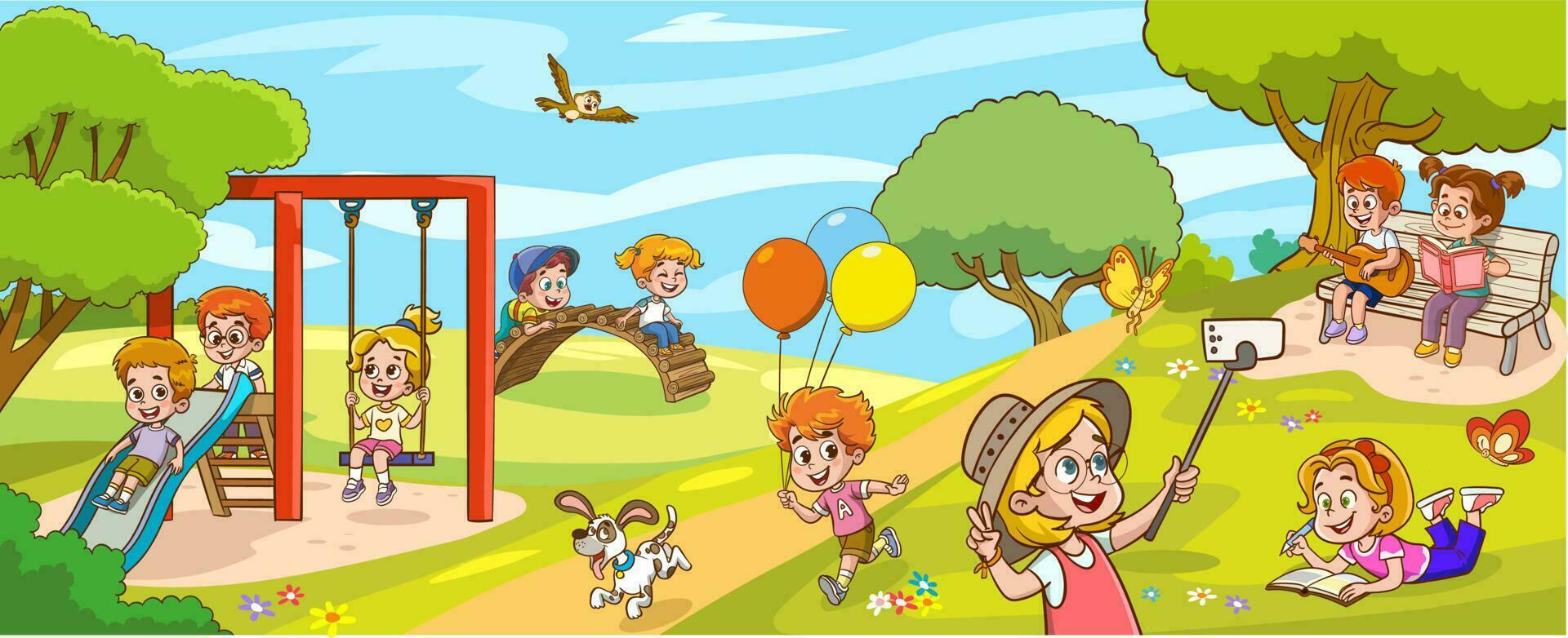 ilustração vetorial de crianças felizes brincando no playground vetor