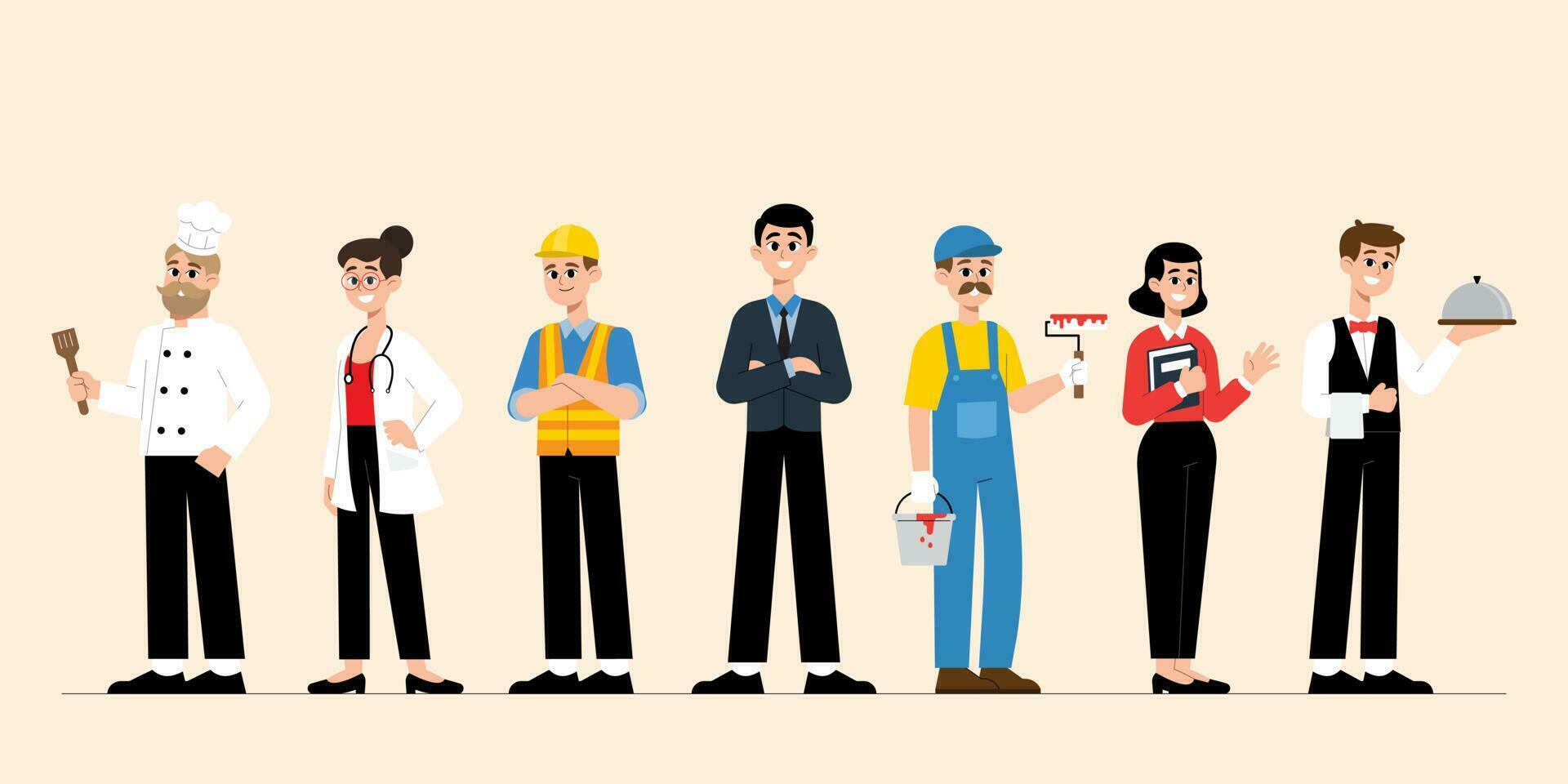 conjunto do vetor ilustrações homens e mulheres trabalhadores a partir de diferente profissões vestindo profissional uniformes.feliz trabalho dia conceito.