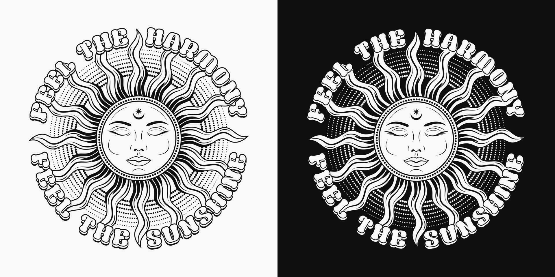 rótulo com Sol com face, fechadas olhos, texto. mitológico conto de fadas símbolo. solar placa. legal, hippie estilo. para roupas, vestuário, Camisetas, superfície decoração. retro estilo ilustração vetor