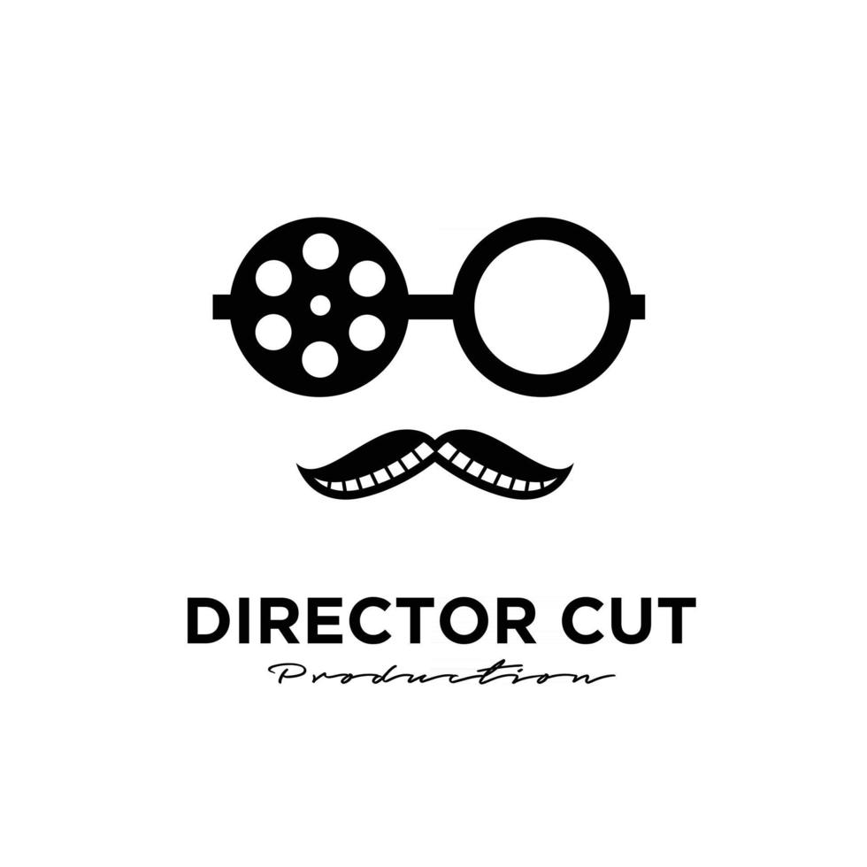 diretor cut estúdio filme vídeo cinema filme produção conceito diretor usando óculos do rolo de filme logo design vector icon ilustração