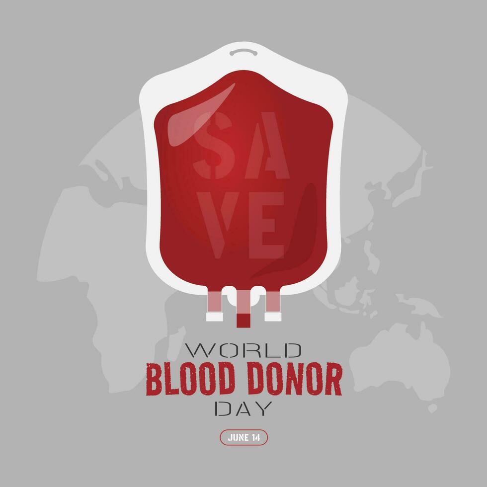 mundo sangue doador dia saudações com sangue saco dentro frente do globo vetor