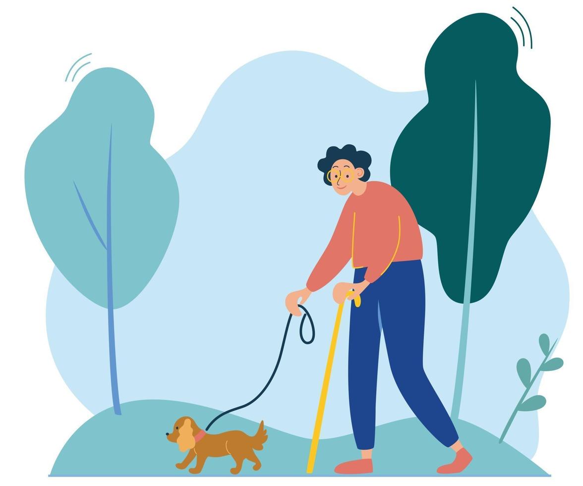 uma senhora idosa está caminhando com um pequeno cachorro passear na natureza feliz proprietário com a avó do animal de estimação caminhando com o cachorro vetor