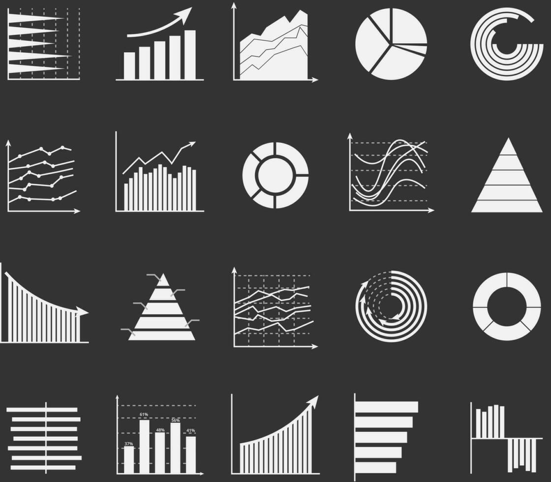 conjunto de ícone de gráfico de negócios, apresentação de finanças de estatísticas de objeto de silhueta, vetor de símbolo de relatório de sucesso plano. 640 x 640 pixels