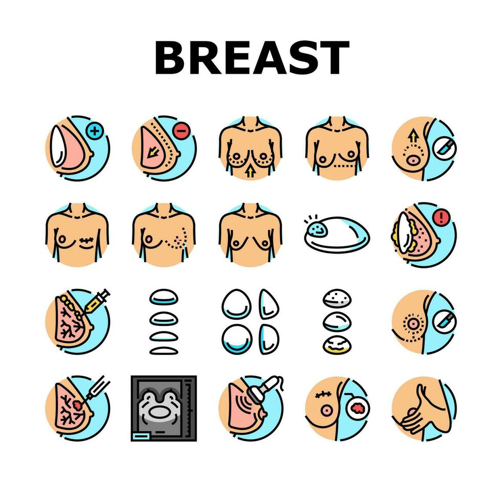 seio cirurgia corpo mulher plástico ícones conjunto vetor