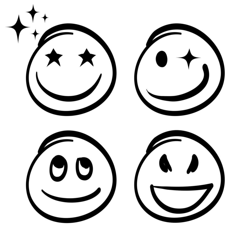 rabisco conjunto emoticons. emoji personagem com vários emoções, sorriso, irritado triste, engraçado face. isolado em branco fundo. vetor ilustração