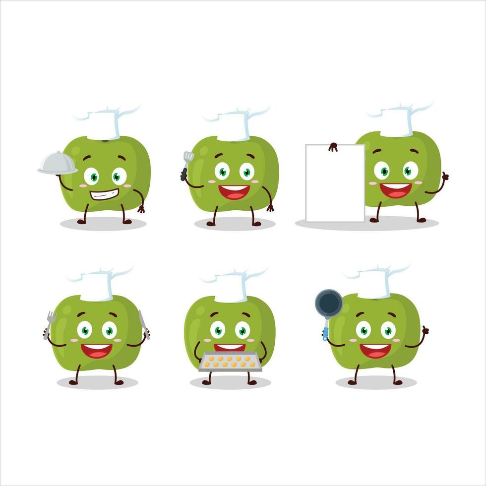 desenho animado personagem do verde maçã com vários chefe de cozinha emoticons vetor