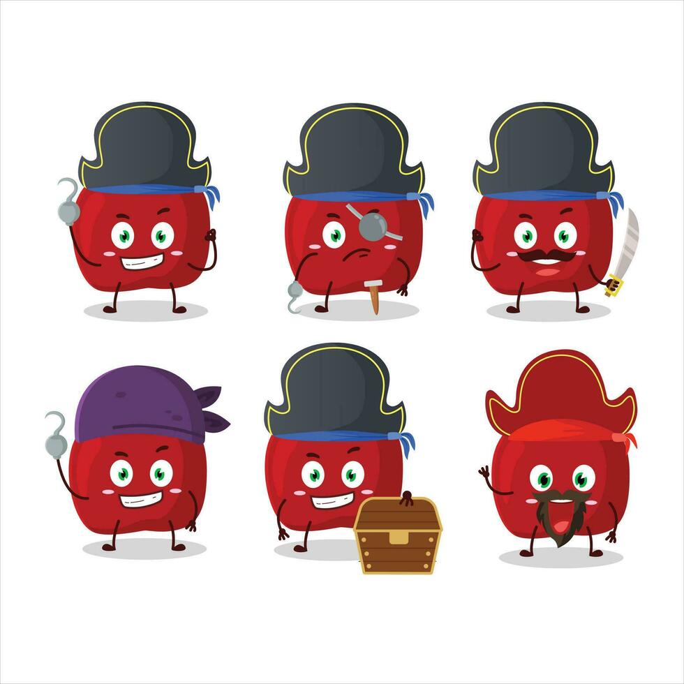 desenho animado personagem do vermelho maçã com vários piratas emoticons vetor