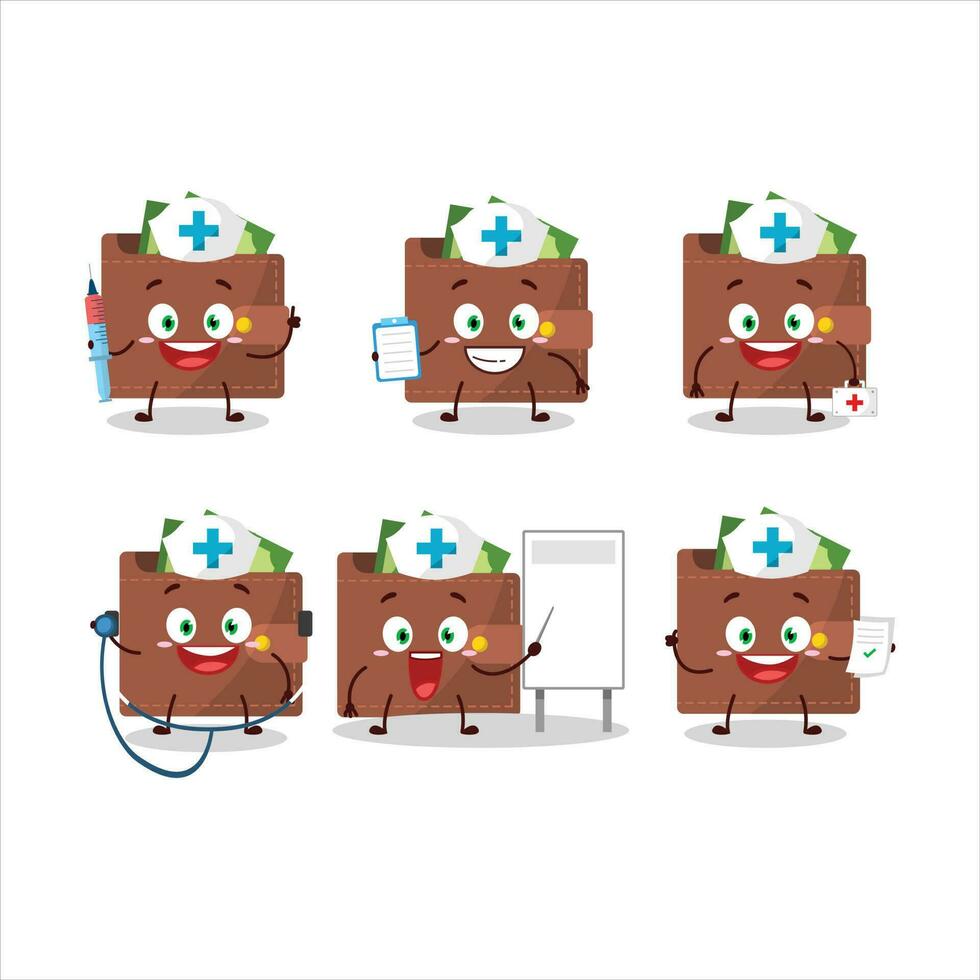 médico profissão emoticon com Castanho carteira desenho animado personagem vetor