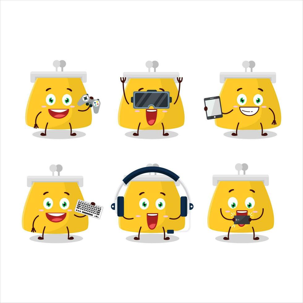 moeda Bolsa desenho animado personagem estão jogando jogos com vários fofa emoticons vetor