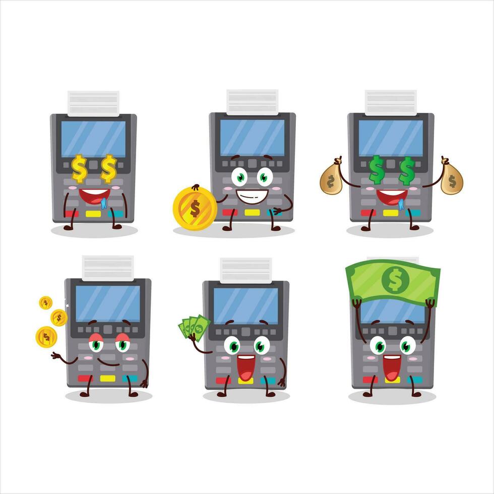 cinzento Forma de pagamento terminal desenho animado personagem com fofa emoticon trazer dinheiro vetor