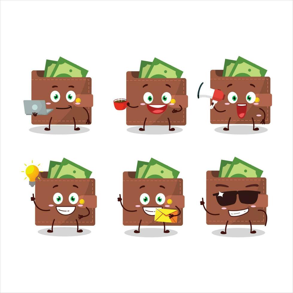 Castanho carteira desenho animado personagem com vários tipos do o negócio emoticons vetor