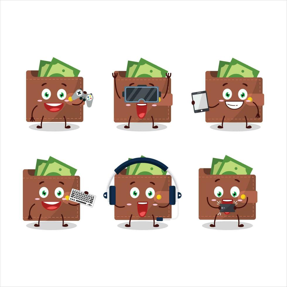 Castanho carteira desenho animado personagem estão jogando jogos com vários fofa emoticons vetor