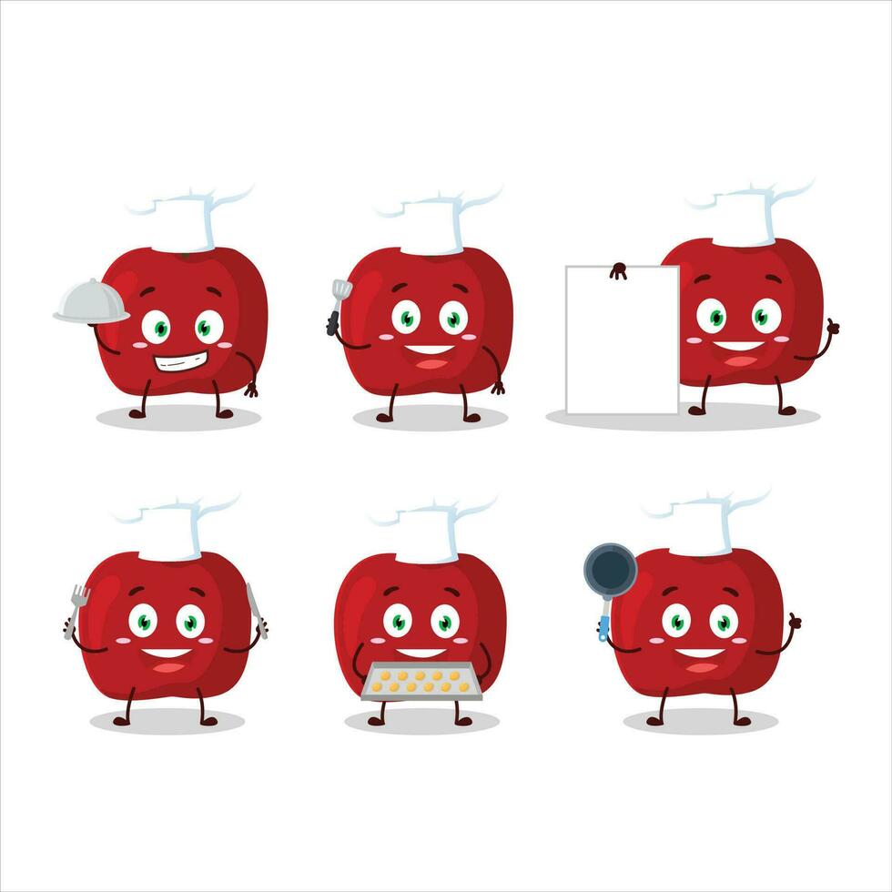 desenho animado personagem do vermelho maçã com vários chefe de cozinha emoticons vetor