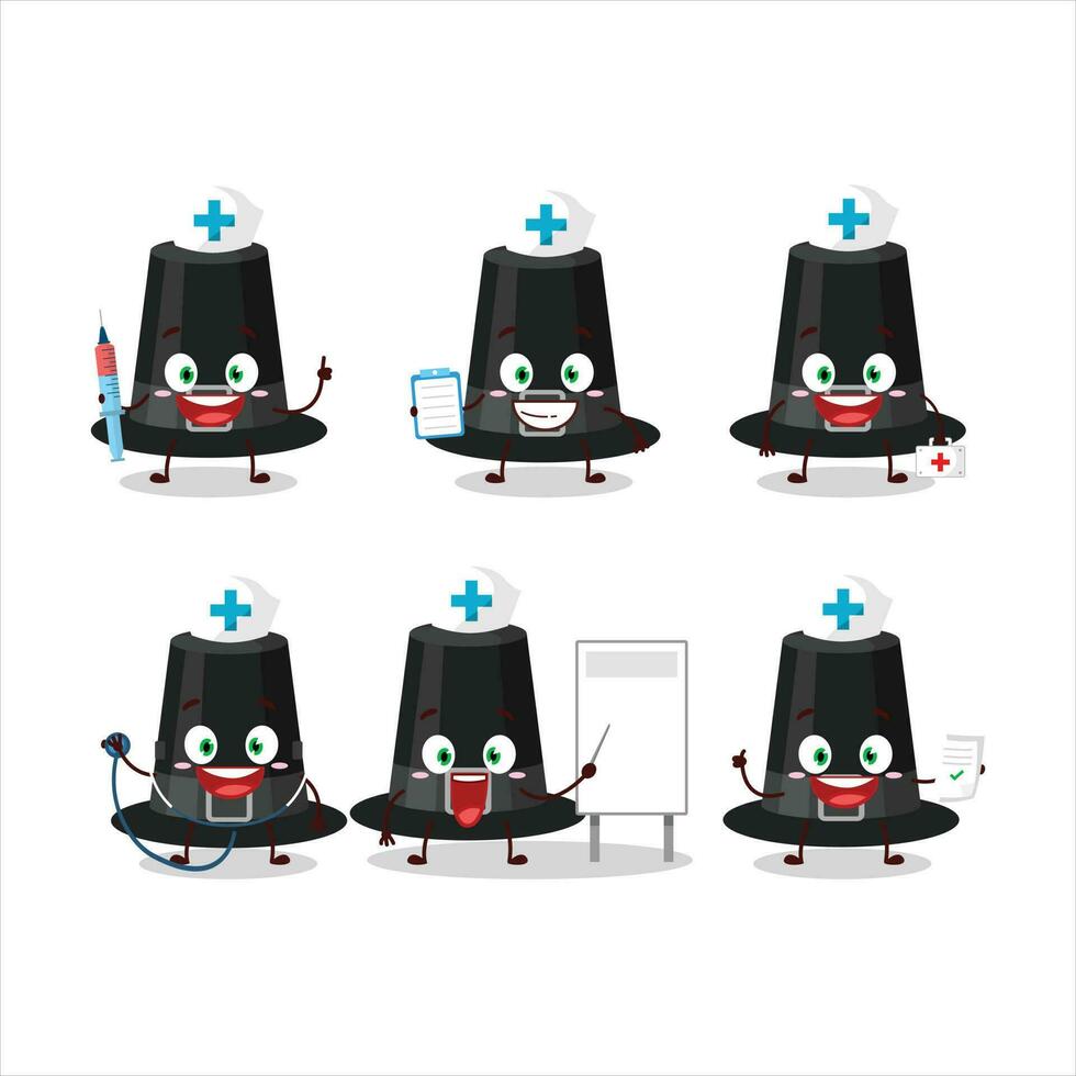 médico profissão emoticon com Preto peregrinos chapéu desenho animado personagem vetor