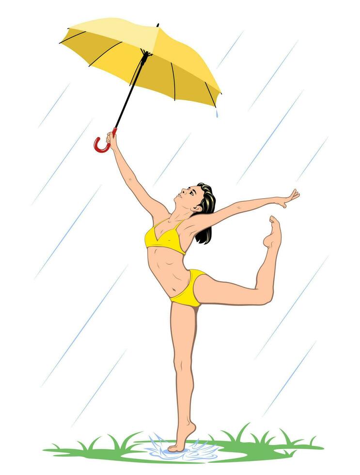 jovem mulher dentro bikini com guarda-chuva dançando dentro a verão chuva. realista vetor desenho.
