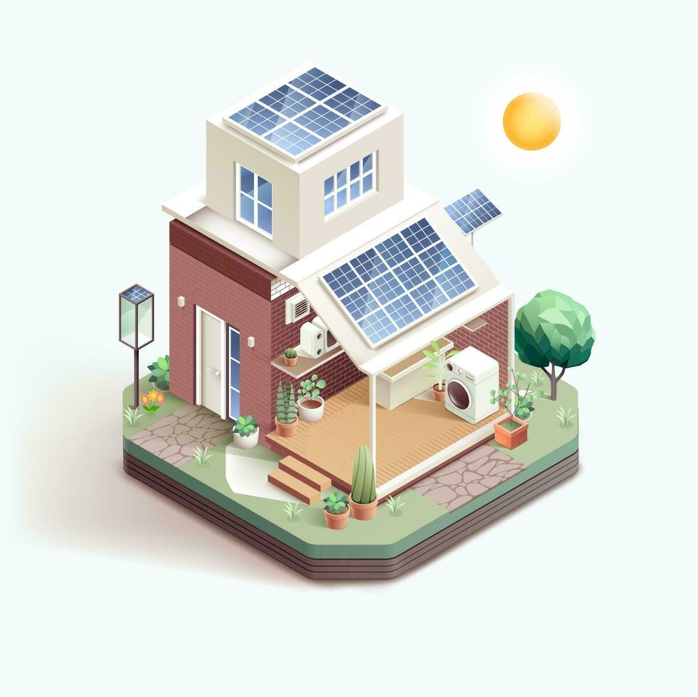 inteligente casa com solar painéis. isométrico vetor ilustração