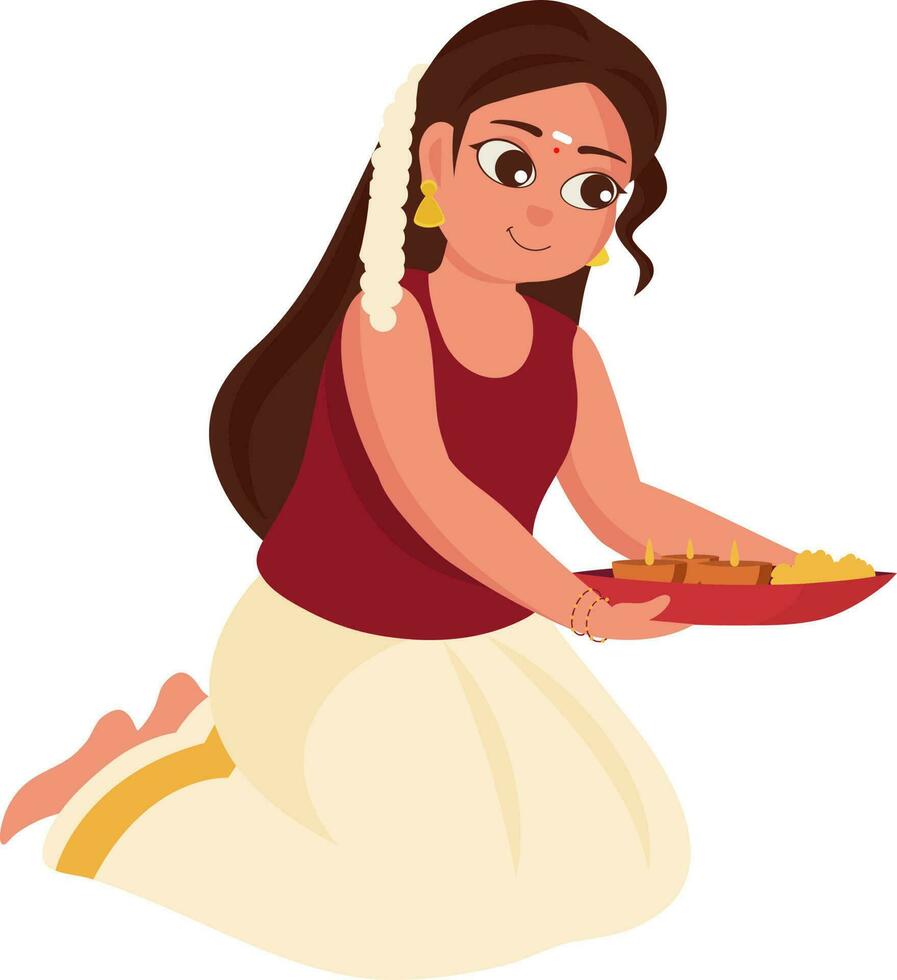 sul indiano menina vestindo tradicional vestir com adoração prato ilustração. vetor
